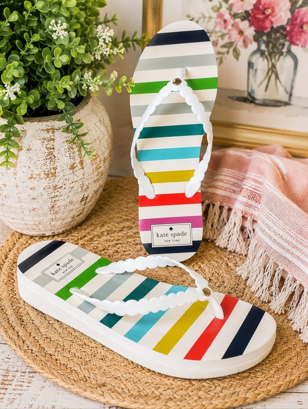 Kate Spade New York Rainbow Stripe Scalloped Flip Flops Sandals,  Size 9